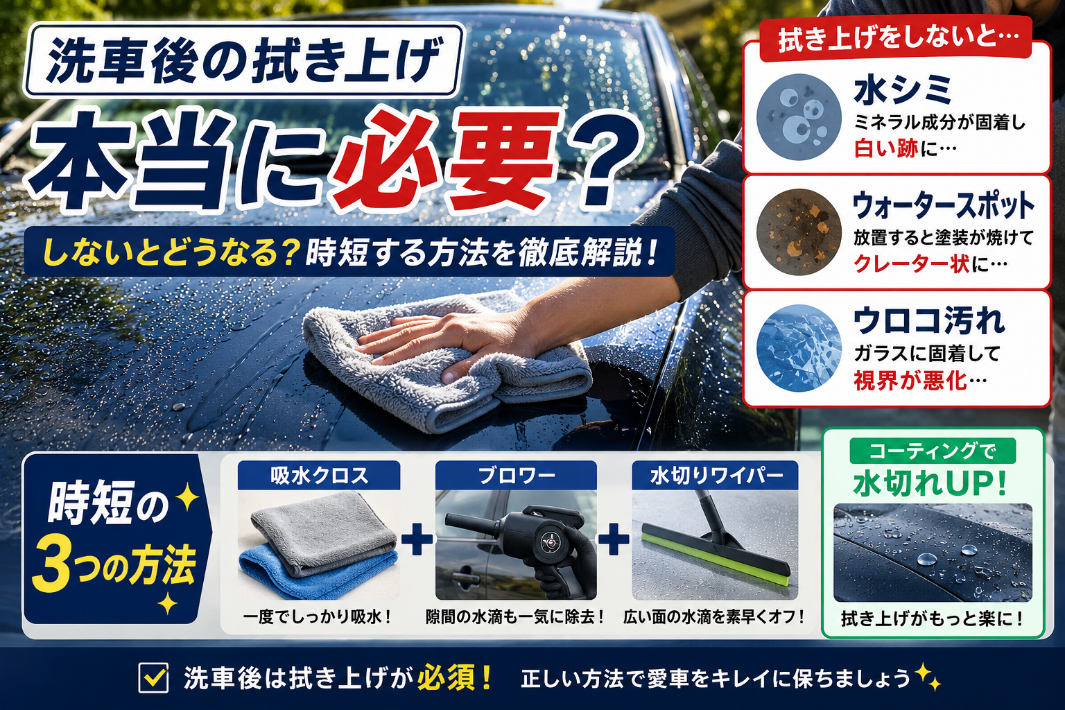 洗車後にマイクロファイバークロスでボディを拭き上げる様子と、水シミ・ウォータースポット・ウロコ汚れを防ぐ重要性を解説したイメージ画像