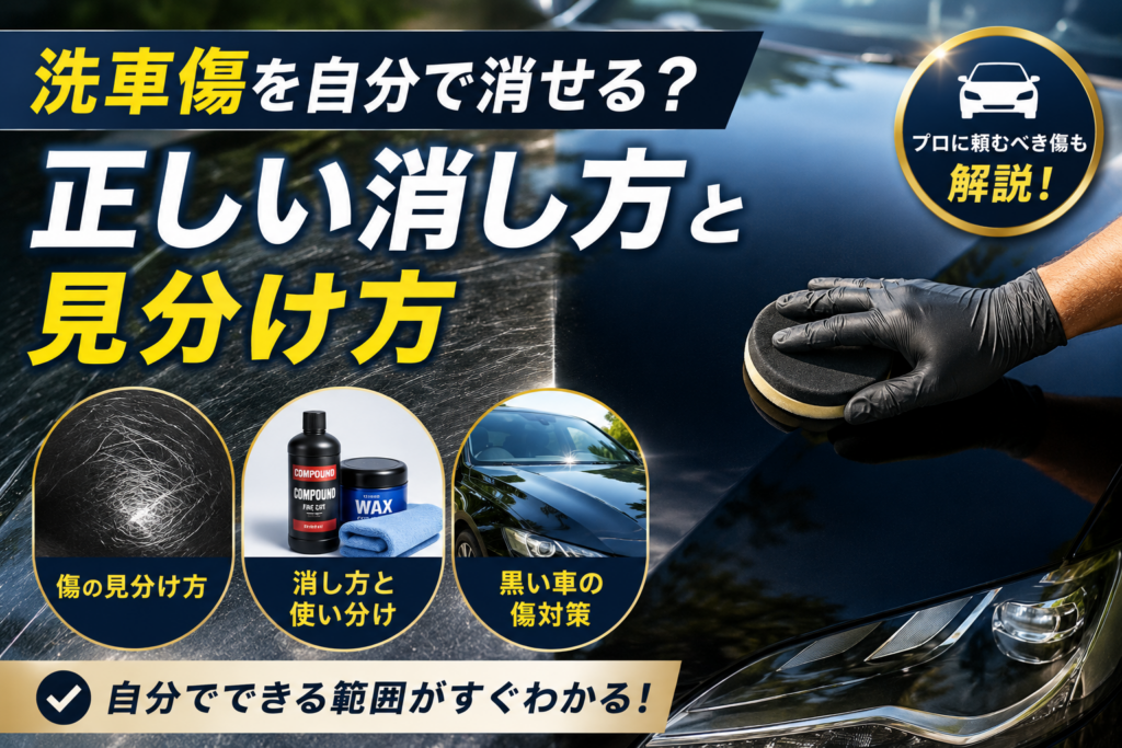 洗車傷が付いた黒い車のボディをポリッシャーで磨き、傷が残る状態と消えた状態を比較しながら、コンパウンドやワックスによる補修方法と傷の見分け方を示している。