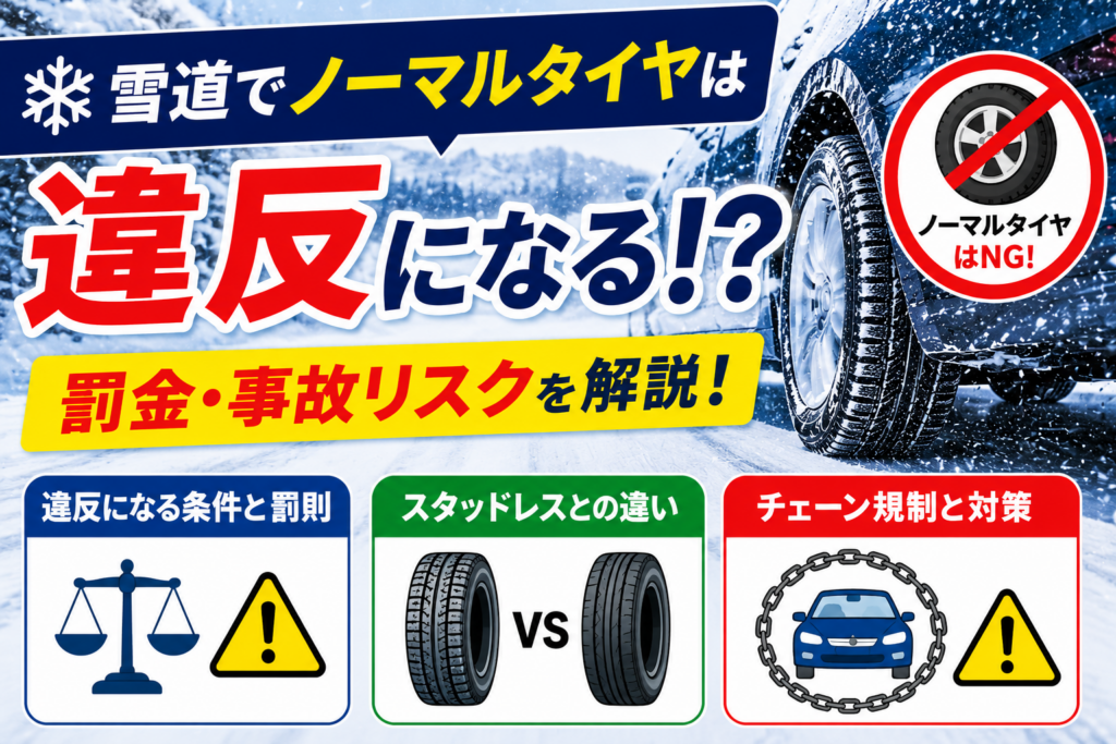 雪道を走行する車とノーマルタイヤ禁止マークを背景に、雪道でノーマルタイヤは違反になる条件や罰則、スタッドレスタイヤとの違い、チェーン規制のポイントを解説している様子を表した画像です。
