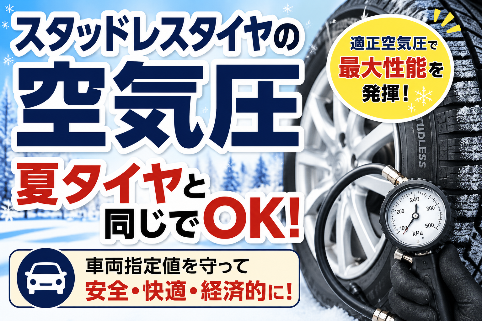 スタッドレスタイヤの空気圧は夏タイヤと同じ指定値で問題ないことを説明するアイキャッチ画像。雪道のタイヤとエアゲージを表示。