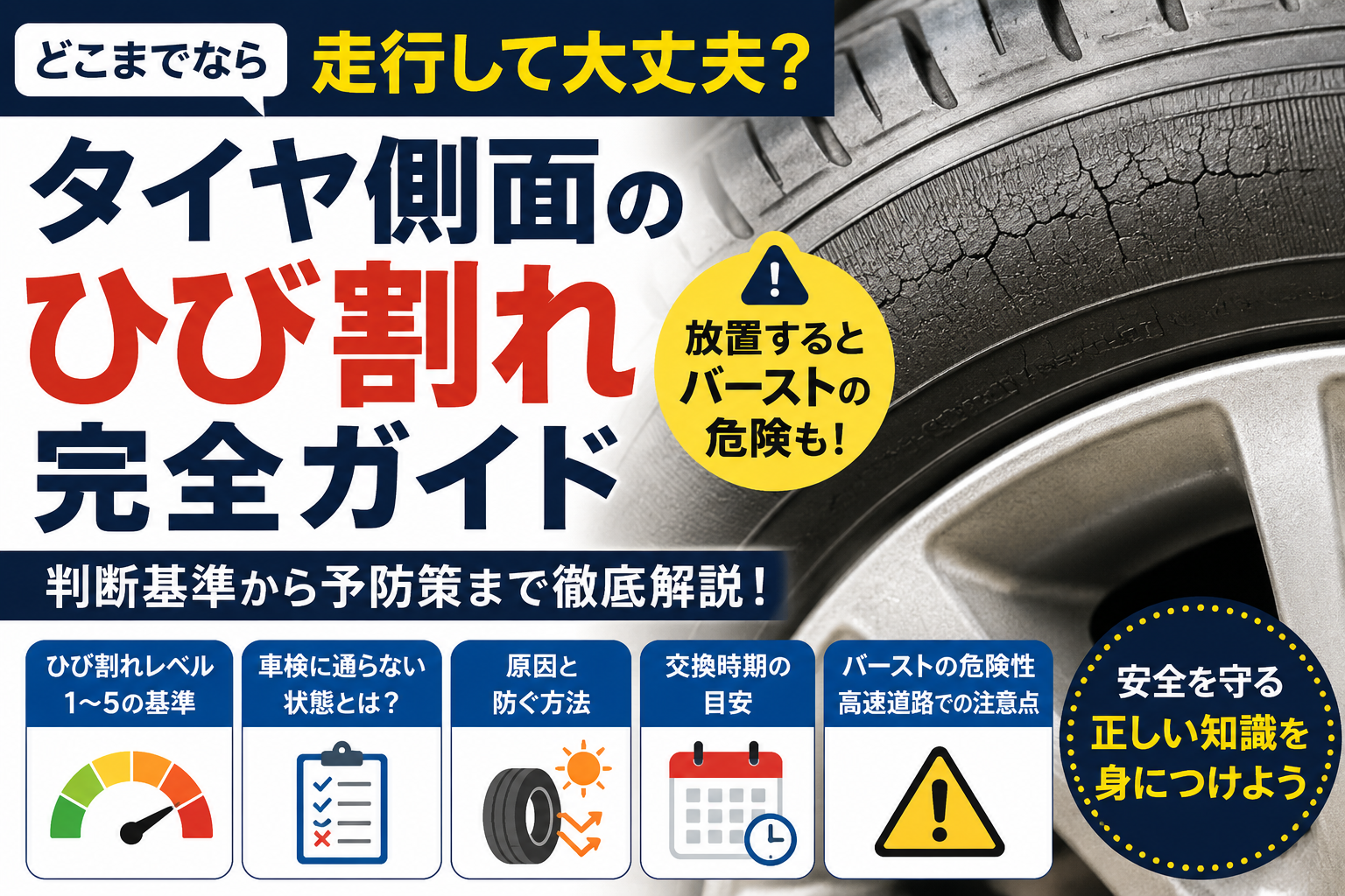スタッドレスタイヤの交換時期を解説するアイキャッチ画像。摩耗したスタッドレスタイヤと新品タイヤを比較し、交換目安や寿命の判断基準を紹介している様子。