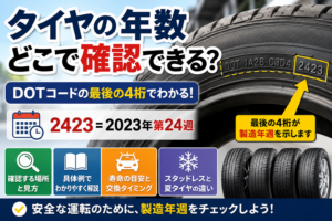 タイヤ側面のDOTコード「2423」を確認し、製造年週からタイヤの年数を確認する方法を解説するイメージ