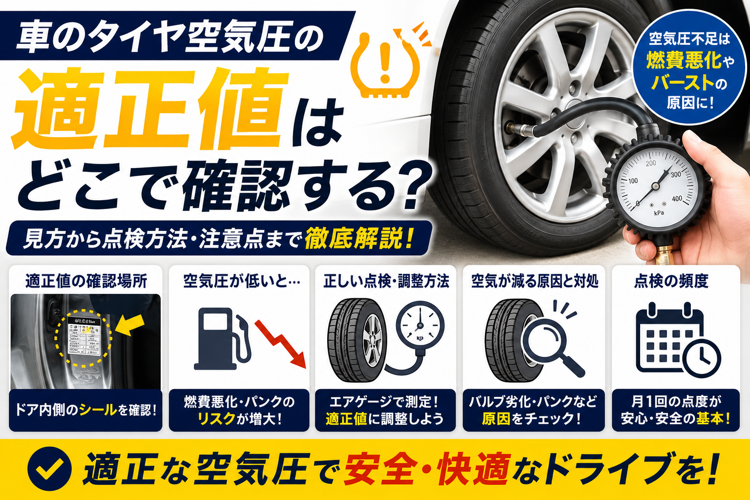 運転席ドア内側の指定空気圧シールとエアゲージでタイヤの空気圧を点検する様子を示し、適正空気圧の確認方法や点検頻度、空気圧不足による燃費悪化やパンクリスクを解説している車のタイヤ空気圧ガイド画像。