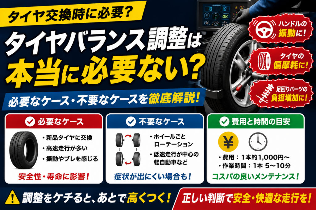 タイヤバランス調整が本当に必要ないのかを解説する図で、必要なケース・不要なケース・費用や作業時間の目安をタイヤとホイールのイラスト付きで比較している状態。