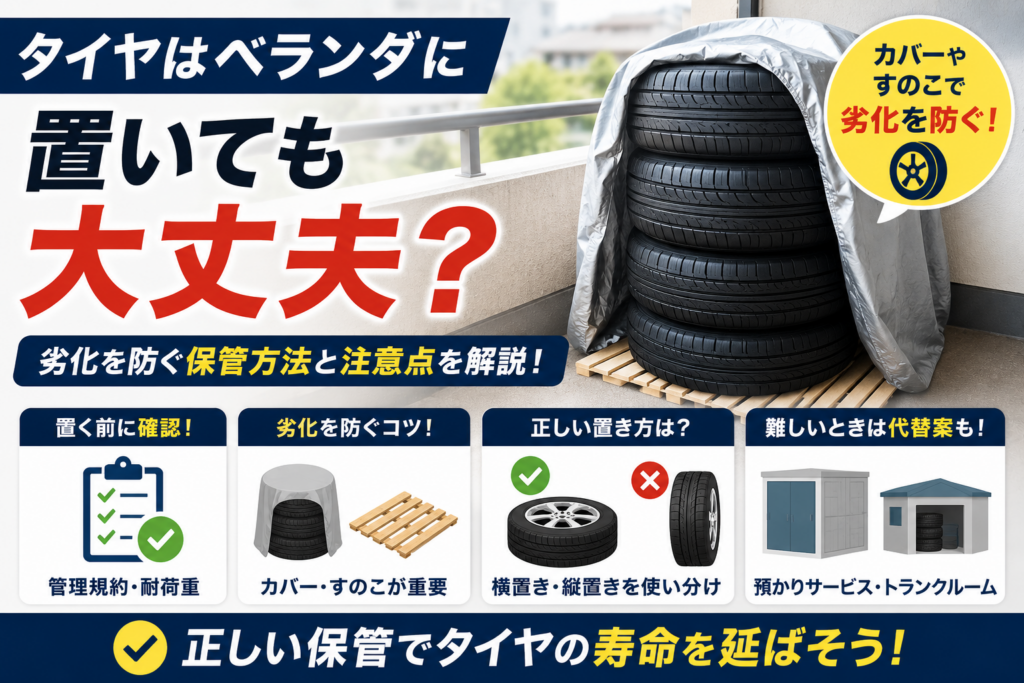 ベランダに保管したタイヤを専用カバーとすのこで保護し、管理規約の確認や正しい置き方、劣化防止対策を分かりやすく示したタイヤのベランダ保管方法の解説画像です。