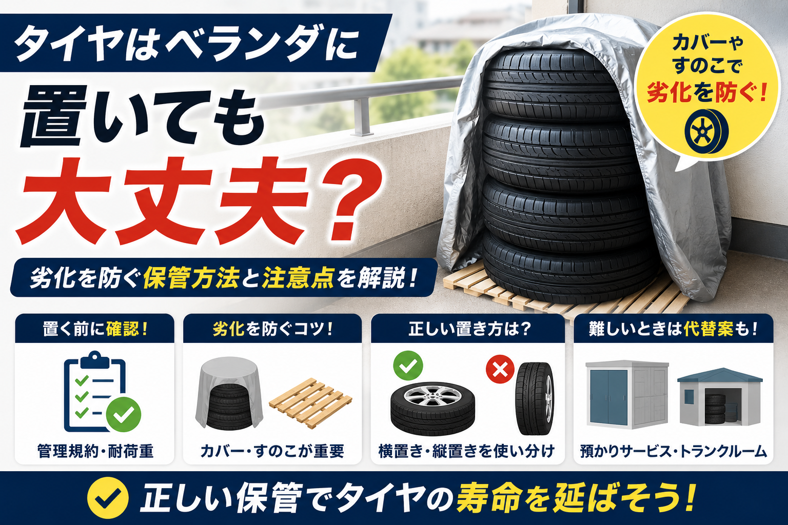 ベランダに保管したタイヤを専用カバーとすのこで保護し、管理規約の確認や正しい置き方、劣化防止対策を分かりやすく示したタイヤのベランダ保管方法の解説画像です。