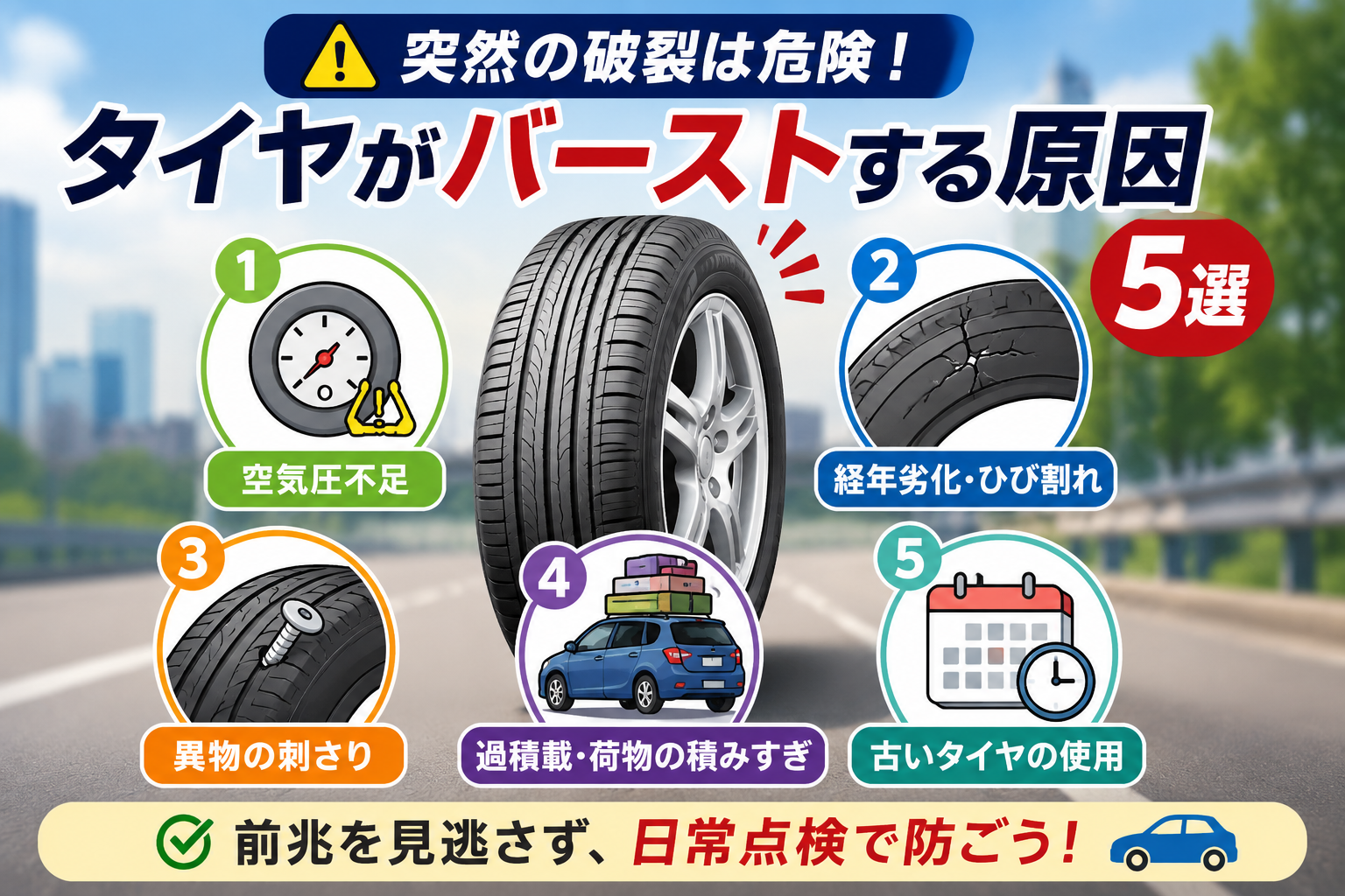タイヤがバーストする主な原因5選を図解したアイキャッチ画像。空気圧不足、経年劣化、異物の刺さり、過積載、古いタイヤの使用を紹介。