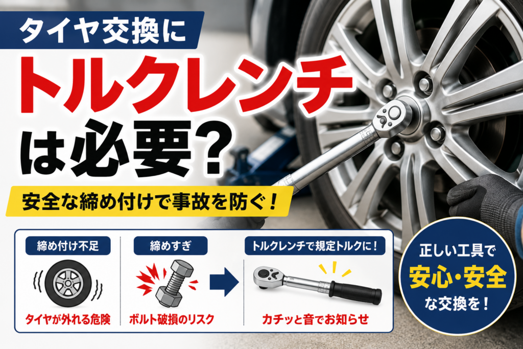 タイヤ交換時にトルクレンチを使用してホイールナットを規定トルクで締め付けている様子を表したアイキャッチ画像