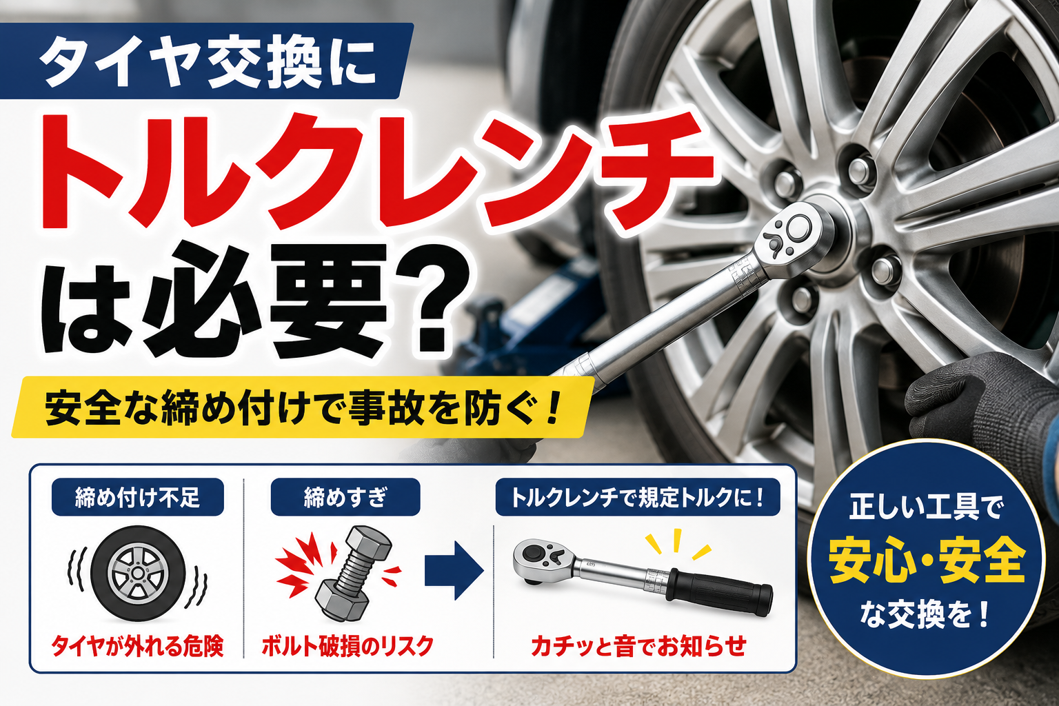 タイヤ交換時にトルクレンチを使用してホイールナットを規定トルクで締め付けている様子を表したアイキャッチ画像
