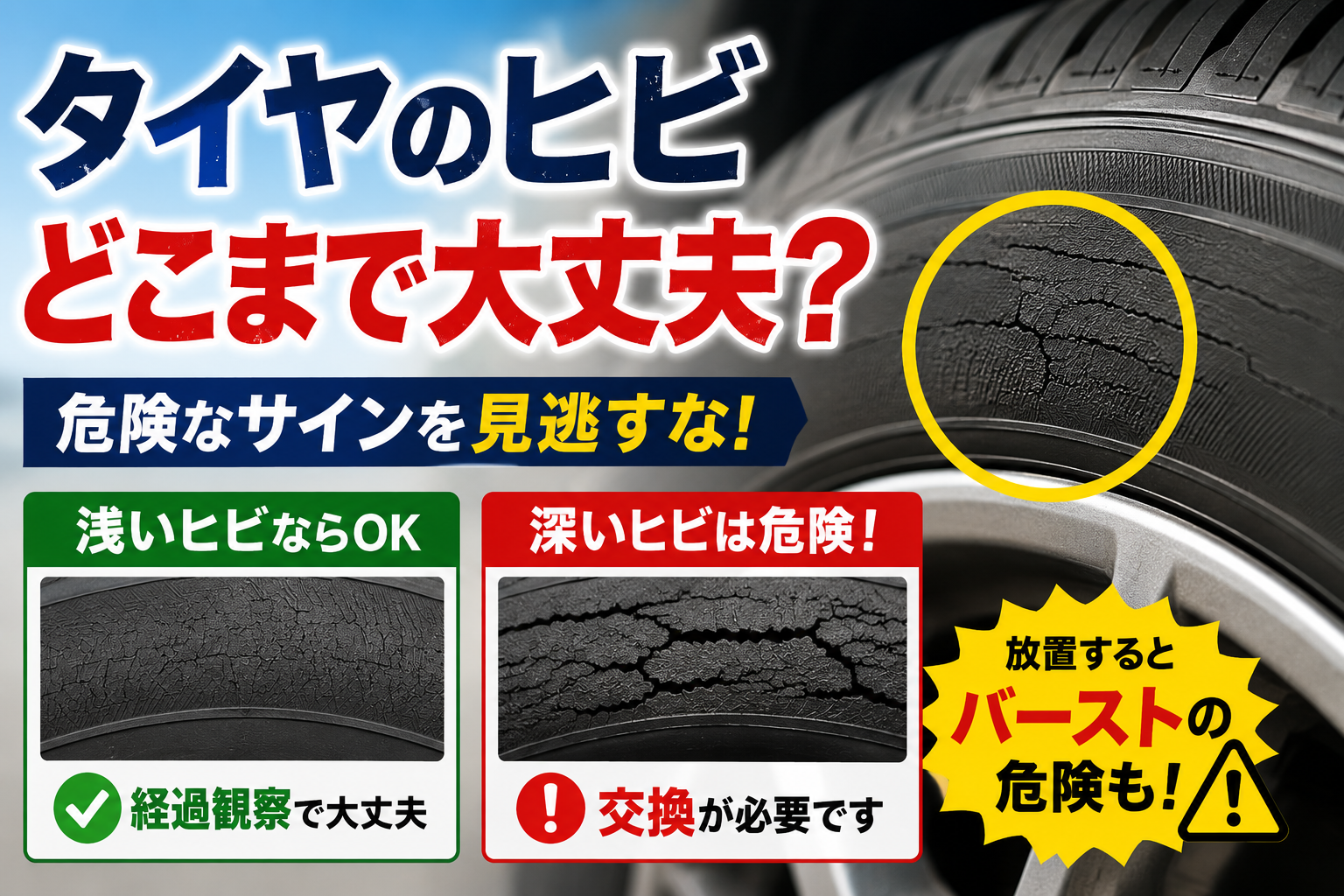 タイヤの浅いヒビと深いヒビを比較し、経過観察できる状態と交換が必要な状態の違いを示したアイキャッチ画像