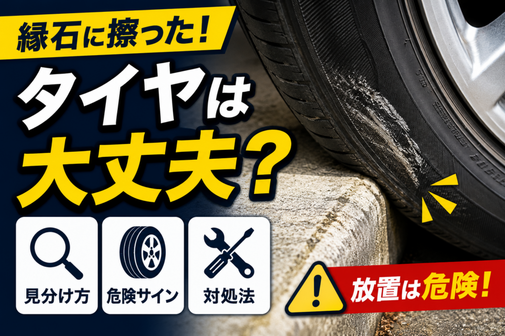 縁石に擦ったタイヤのサイドウォールに白い擦り傷が付いている様子と、タイヤ交換が必要な危険サインや傷の見分け方を解説する内容を表した画像。