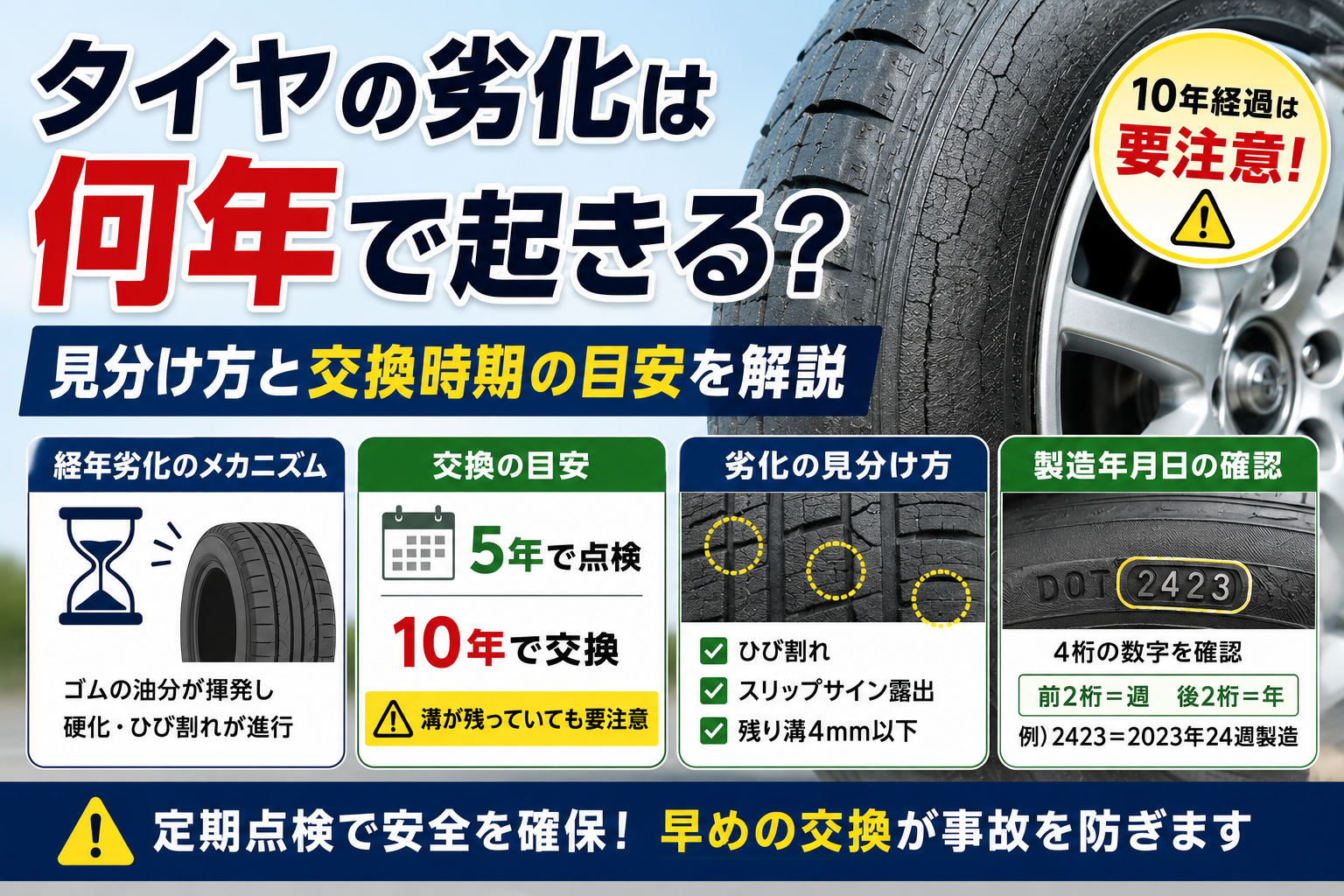 タイヤの劣化サインと交換時期の目安を解説する図解。5年点検・10年交換、ひび割れやスリップサインの確認方法を紹介