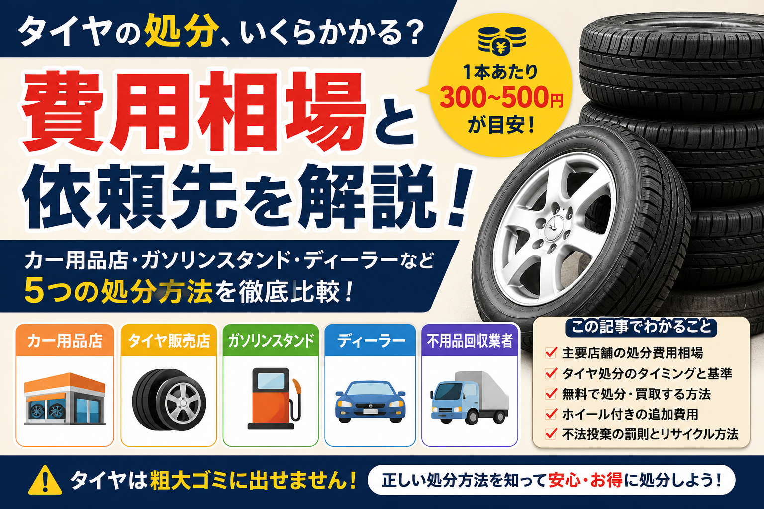 タイヤ処分の費用相場と依頼先を比較したアイキャッチ画像。カー用品店・タイヤ販売店・ガソリンスタンド・ディーラー・不用品回収業者の処分費用目安を解説。