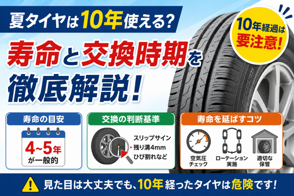 製造年週を示すタイヤと寿命の目安を比較しながら、夏タイヤの寿命や交換時期、10年経過したタイヤの危険性や劣化サインをわかりやすく解説している図解。