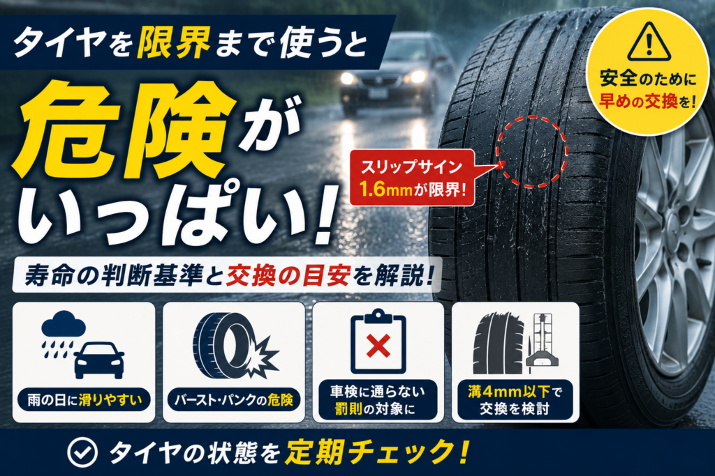 雨天の道路を背景に摩耗したタイヤの溝とスリップサインを強調し、タイヤを限界まで使う危険性や交換時期の目安、制動距離の増加やバーストリスクを視覚的に伝えている様子。