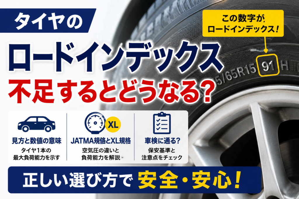 タイヤ側面のロードインデックス表示を示し、数値の意味や不足した場合のリスクを解説するアイキャッチ画像