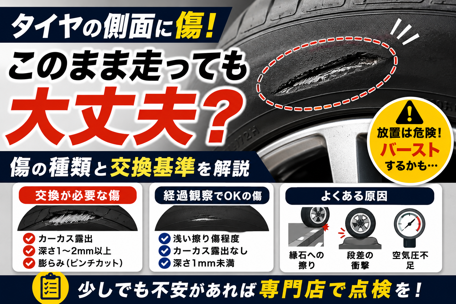 純正ホイールとオフセット変更後のホイール位置を比較し、フェンダーからのはみ出しやブレーキ干渉のリスク、オフセット変更の許容範囲や車検基準を分かりやすく解説している図解。