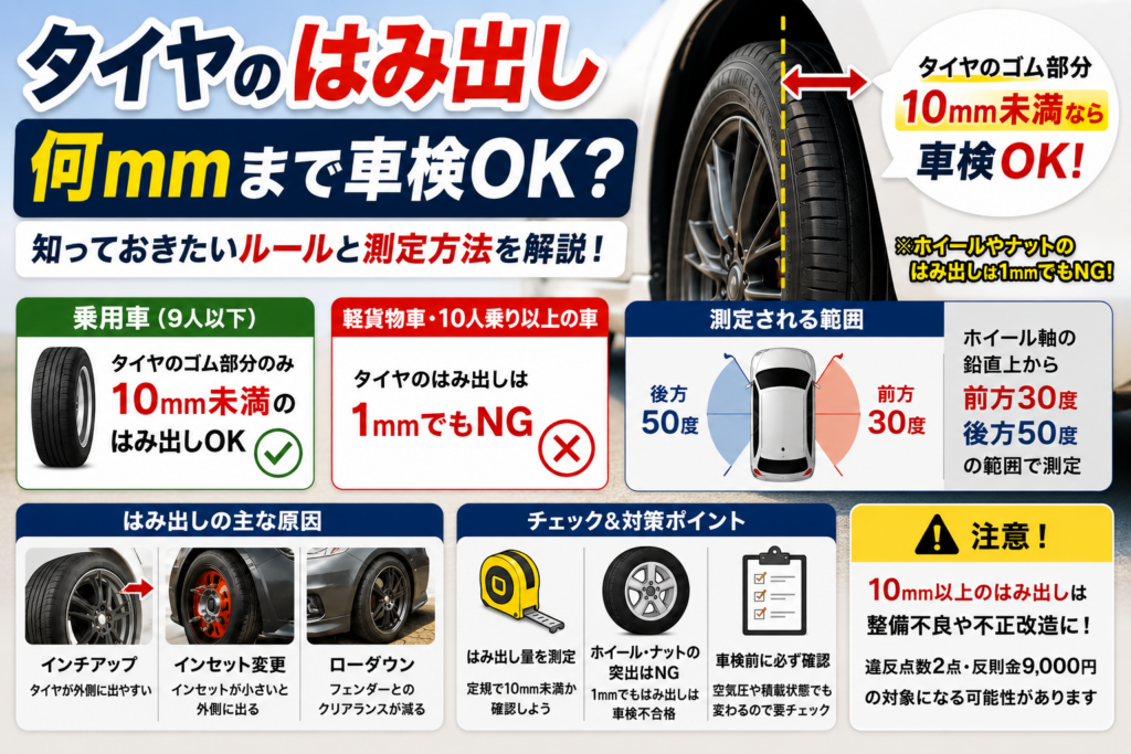 タイヤのはみ出しが車検に通る基準を解説したアイキャッチ画像。タイヤのゴム部分が10mm未満なら車検OK、ホイールやナットのはみ出しはNGであることを図解。