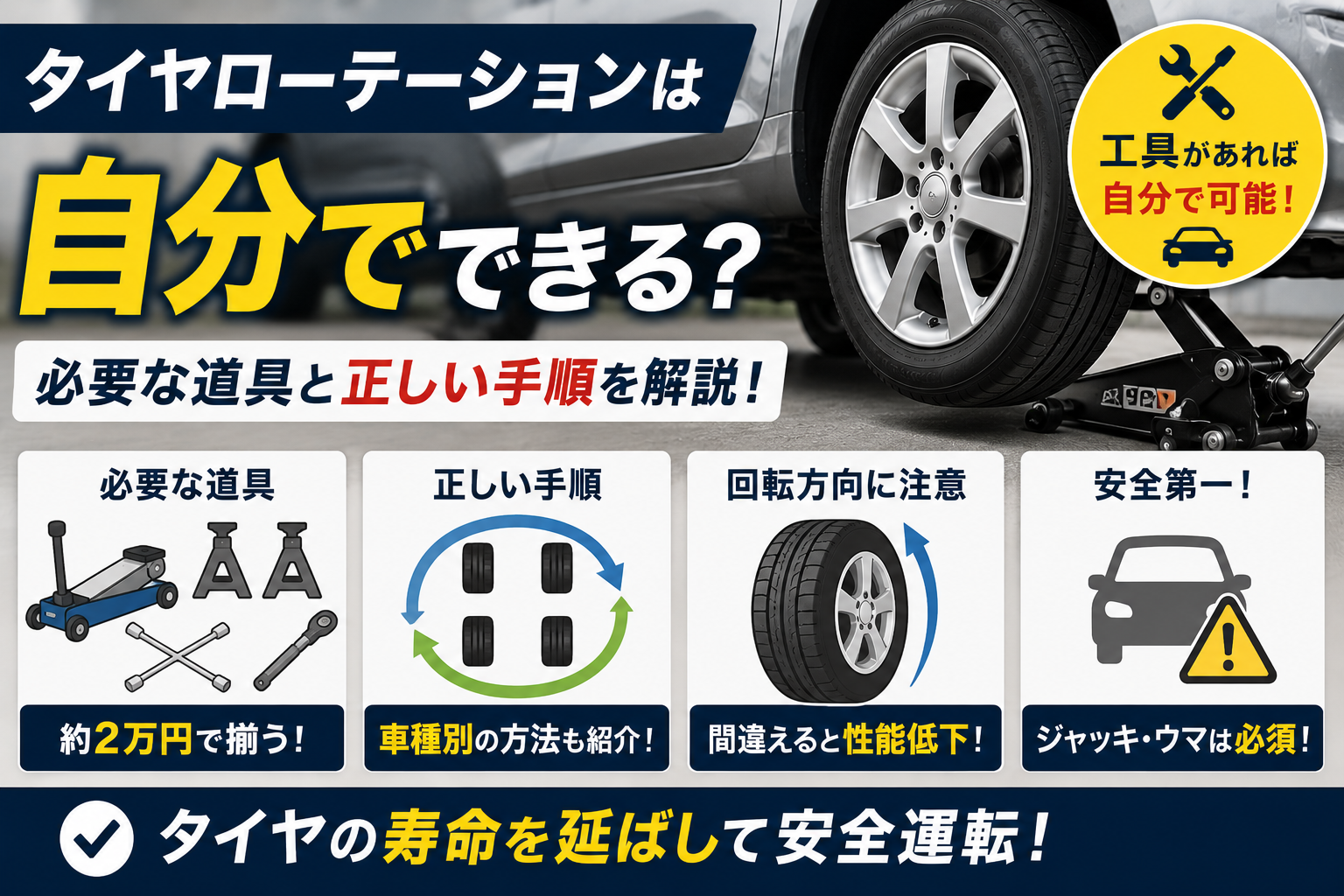 タイヤローテーションを自分で行う際の必要な道具、正しい手順、回転方向の注意点、安全対策を図解でまとめ、タイヤを長持ちさせるポイントを紹介している様子。