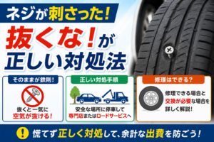 タイヤにネジが刺さった状態を大きく表示し、「抜くな」が正解であることや正しい対処法、修理できる場合と交換が必要な場合の違いをわかりやすく解説したタイヤパンク対策の図解。