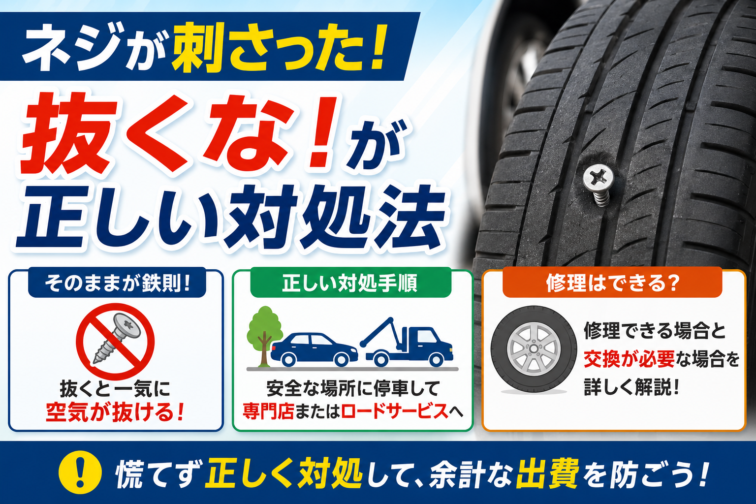 タイヤにネジが刺さった状態を大きく表示し、「抜くな」が正解であることや正しい対処法、修理できる場合と交換が必要な場合の違いをわかりやすく解説したタイヤパンク対策の図解。