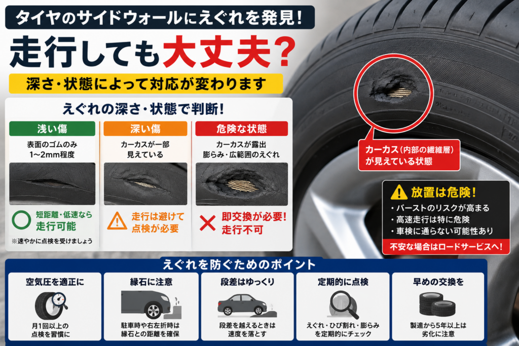 タイヤのサイドウォールえぐれの危険度を解説した図解。浅い傷・カーカス露出・即交換が必要な状態の違いを比較している。