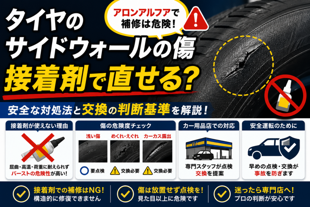 タイヤのサイドウォールに入った傷を大きく表示し、接着剤で直せるのか疑問を持つドライバー向けに、危険度と正しい対処法を解説する内容を表現した構図。
