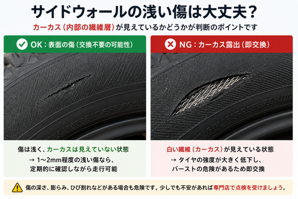タイヤのサイドウォールの浅い傷と危険な傷を比較した図解。カーカスが露出していない傷は経過観察、白い繊維が見える傷は交換が必要な状態を示している。
