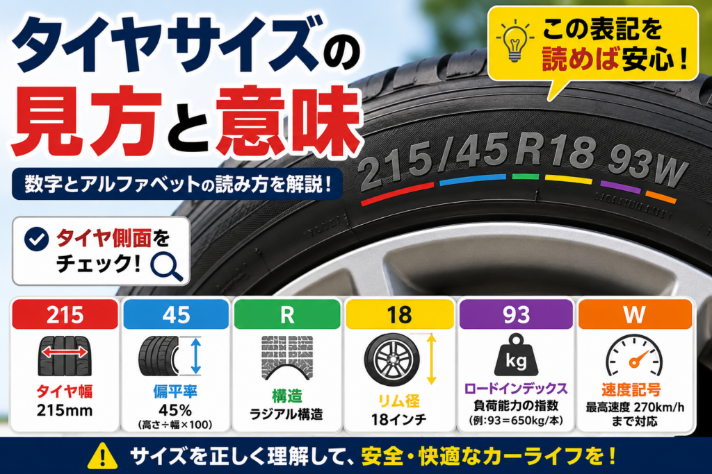 タイヤサイズの見方を解説するアイキャッチ画像。215/45R18 93Wの表記を例に、タイヤ幅・偏平率・ラジアル構造・リム径・ロードインデックス・速度記号の意味を図解で説明。