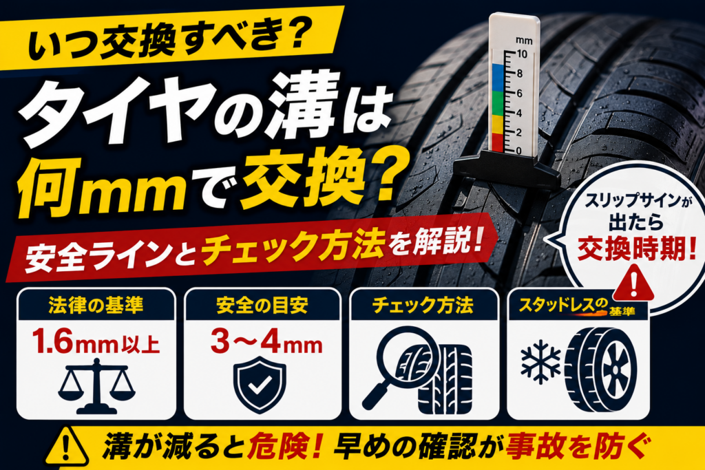 タイヤの溝を測定ゲージで確認している様子とスリップサインの目安を示し、タイヤの溝は何mmで交換すべきか、安全な交換時期や点検方法を分かりやすく解説している状態の図解。
