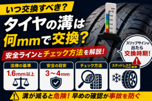 タイヤの溝を測定ゲージで確認している様子とスリップサインの目安を示し、タイヤの溝は何mmで交換すべきか、安全な交換時期や点検方法を分かりやすく解説している状態の図解。