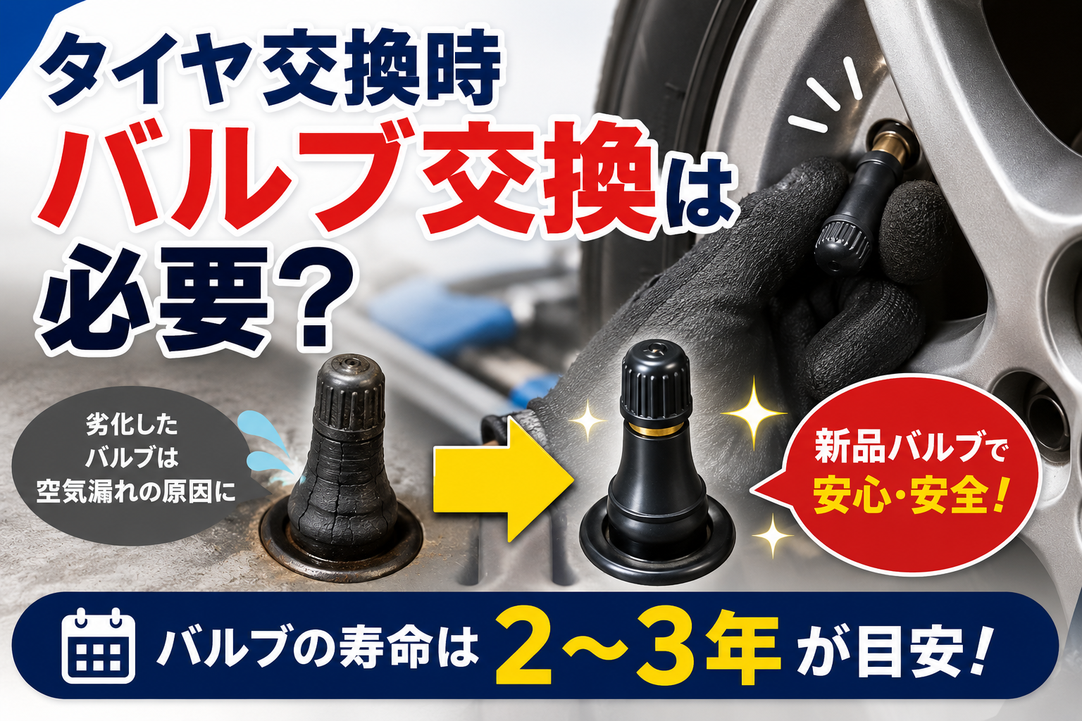 タイヤ交換時のゴムバルブ交換タイミングと劣化状態を比較したアイキャッチ画像。ひび割れたバルブと新品バルブを並べて交換の必要性を解説。