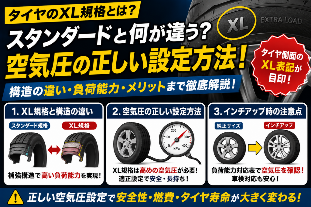タイヤ側面のXL表記を拡大表示しながら、XL規格とスタンダード規格の構造の違い、空気圧設定方法、インチアップ時の注意点を比較して解説しているタイヤのXL規格説明図。