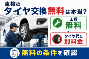 車検整備工場でリフトアップされた車のタイヤを整備士が交換しており、タイヤ交換無料の仕組みとして工賃無料とタイヤ代別料金の違いをわかりやすく比較表示している様子。