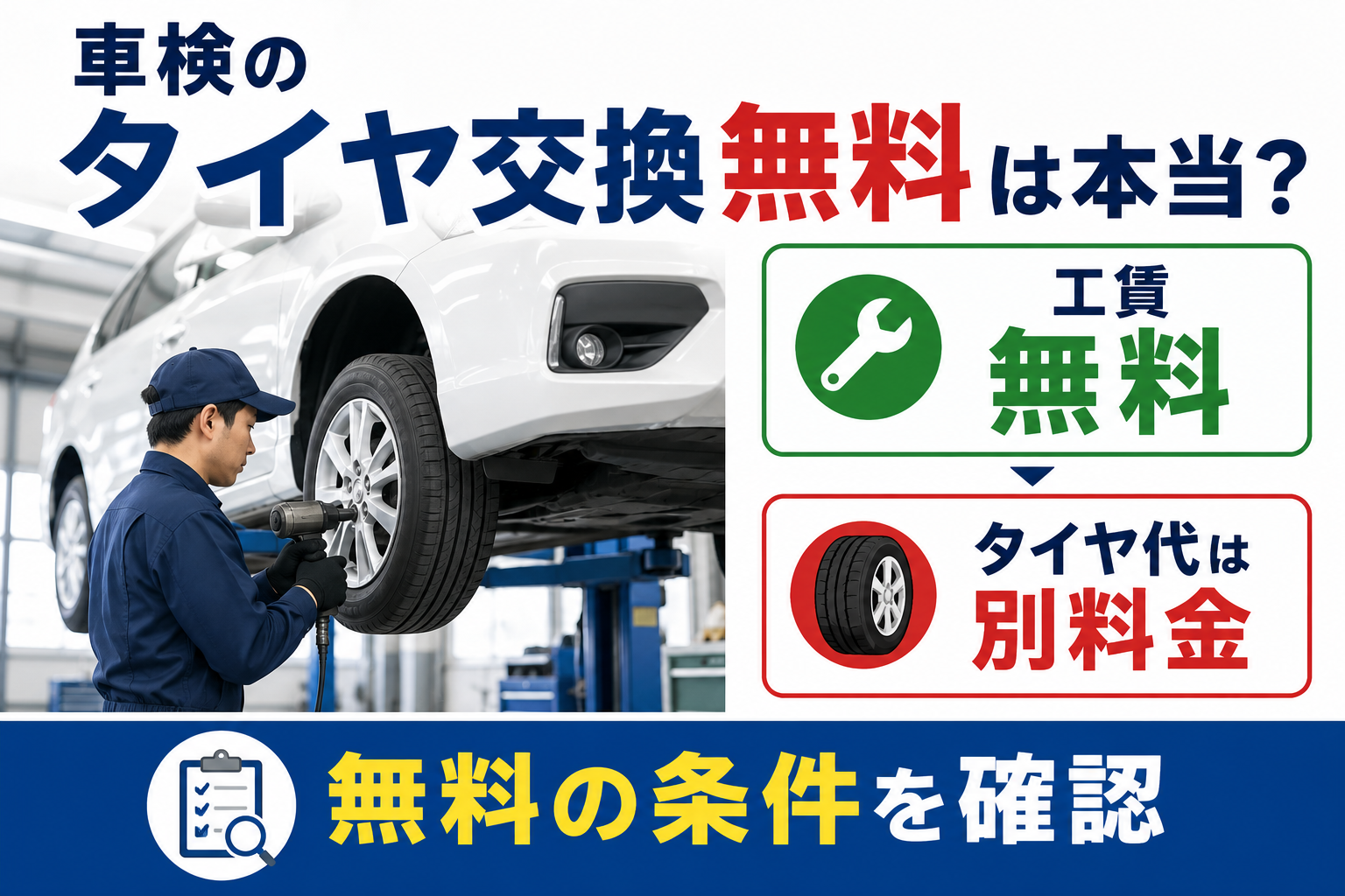 車検整備工場でリフトアップされた車のタイヤを整備士が交換しており、タイヤ交換無料の仕組みとして工賃無料とタイヤ代別料金の違いをわかりやすく比較表示している様子。