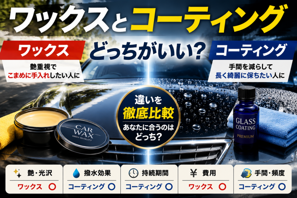 車のワックスとコーティングを比較し、どちらを選ぶべきかをシンプルに示したアイキャッチ画像