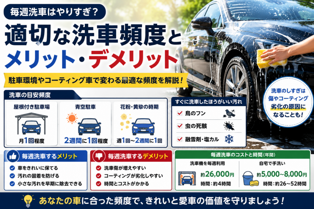 毎週洗車はやりすぎなのかを解説し適切な洗車頻度やメリット・デメリットを比較したイメージ画像