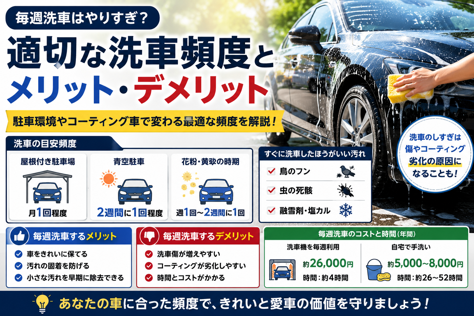 毎週洗車はやりすぎなのかを解説し適切な洗車頻度やメリット・デメリットを比較したイメージ画像