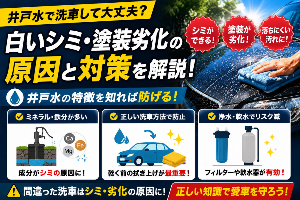 井戸水で洗車する様子と白いシミや塗装劣化のリスク、対策方法を比較表示し、井戸水洗車によるウォータースポットの原因と予防策を分かりやすく解説している。