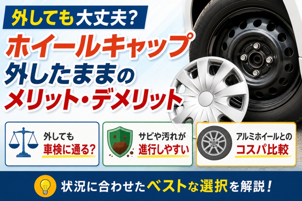 ホイールキャップを外したスチールホイールと取り外したホイールキャップを並べ、外したまま走行した場合の車検可否やサビ・汚れの進行、アルミホイールとの違いを解説している様子を表した画像です。