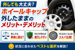 ホイールキャップを外したスチールホイールと取り外したホイールキャップを並べ、外したまま走行した場合の車検可否やサビ・汚れの進行、アルミホイールとの違いを解説している様子を表した画像です。