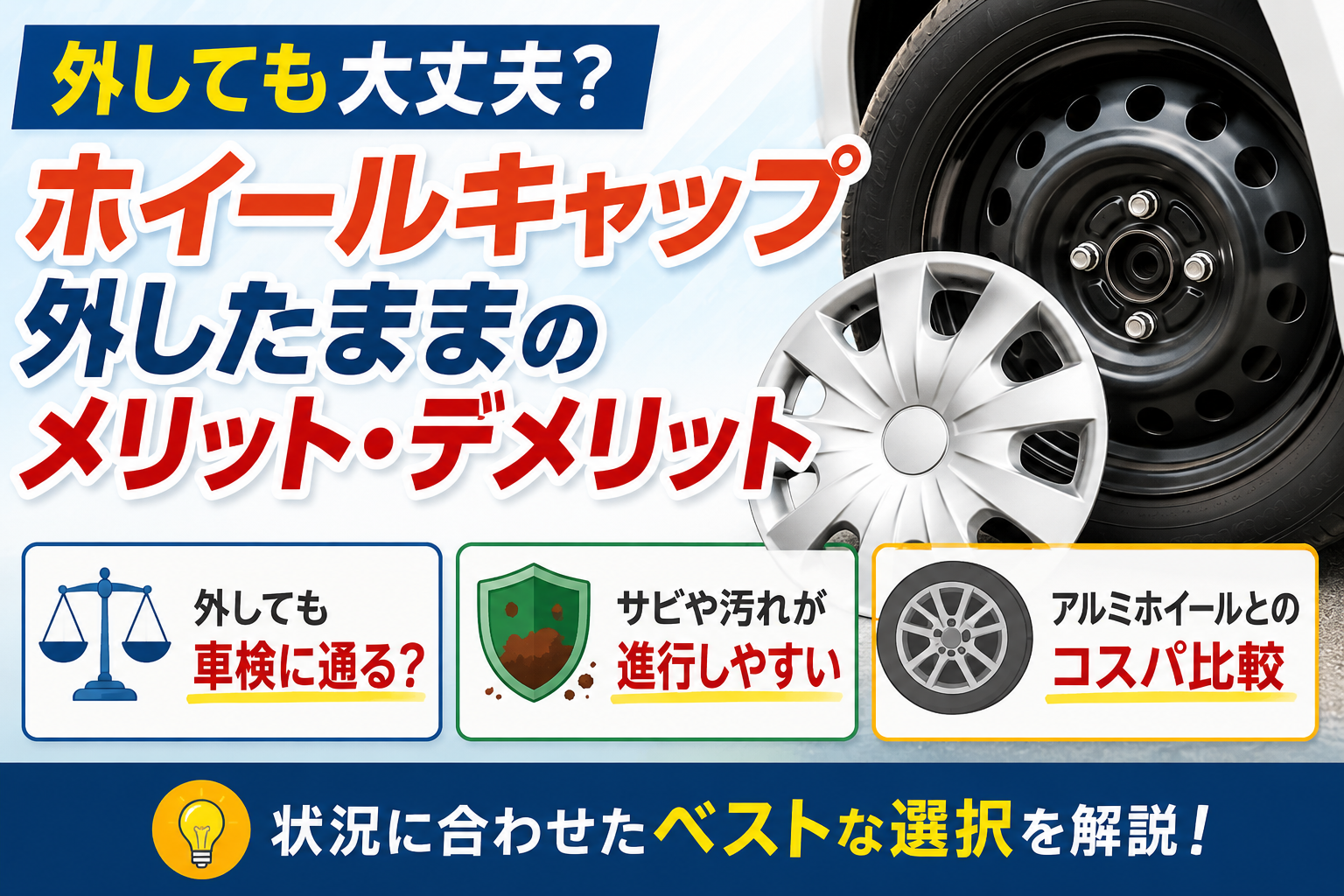 ホイールキャップを外したスチールホイールと取り外したホイールキャップを並べ、外したまま走行した場合の車検可否やサビ・汚れの進行、アルミホイールとの違いを解説している様子を表した画像です。
