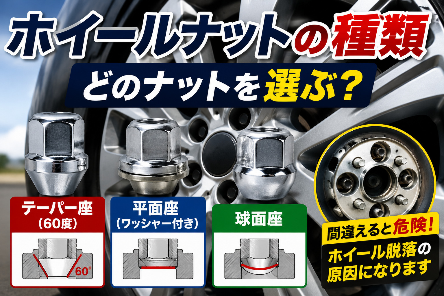 テーパー座・平面座・球面座のホイールナットの違いを比較したアイキャッチ画像