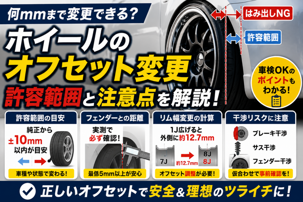 車のフェンダーとホイールの位置関係を比較しながら、ホイールのオフセット変更による許容範囲や車検基準、リム幅変更時の計算方法、フェンダーやブレーキとの干渉リスクを分かりやすく示した解説図。