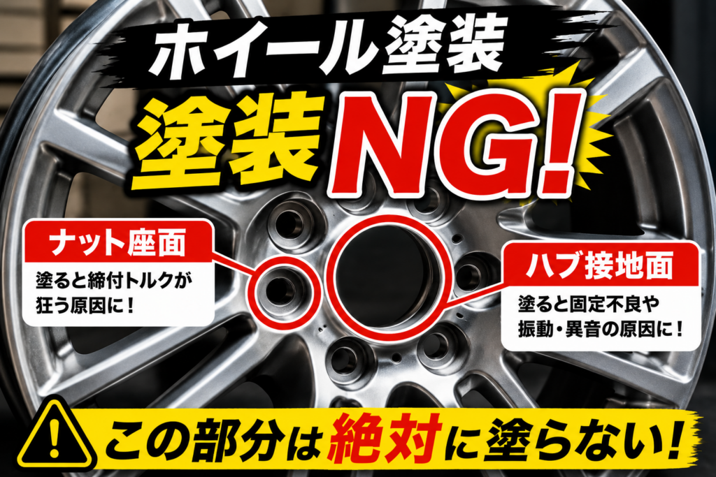 ホイール塗装時に塗ってはいけないナット座面とハブ接地面を赤丸で示したアイキャッチ画像