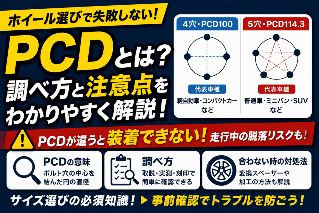 4穴PCD100と5穴PCD114.3の違いを比較しながら、PCDの調べ方や適合確認のポイントを図解で示し、ホイール交換時の装着トラブル防止を解説している様子。