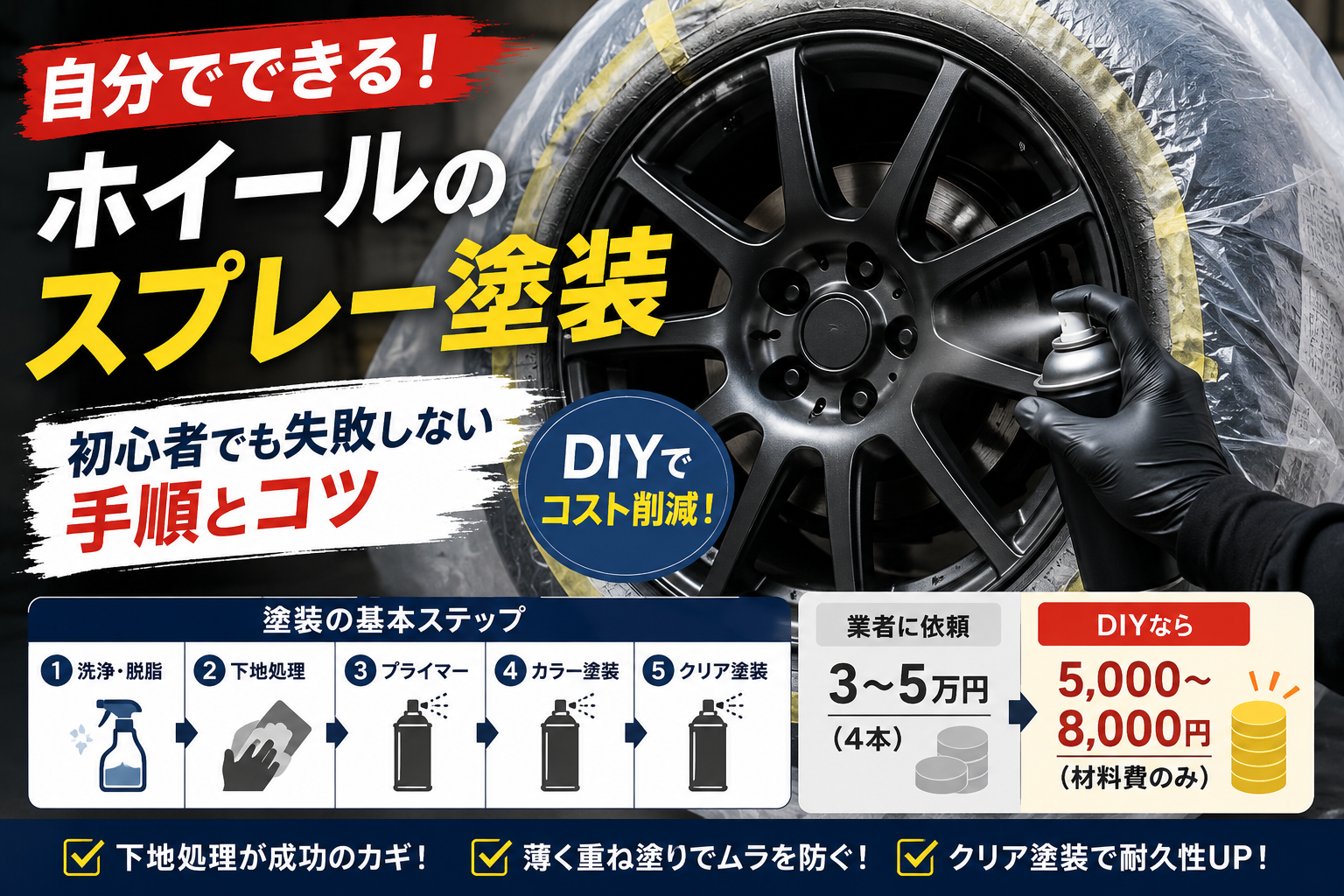 ホイールをマスキングした状態で缶スプレー塗装している様子と、DIYでホイール塗装する手順や費用を紹介するイメージ画像